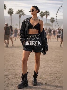 RVCA Black Satin Look Boxing Shorts - Coachella